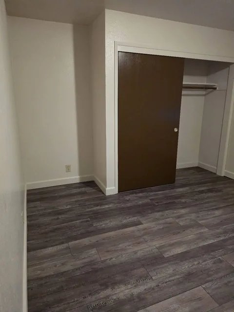 Interior corner of the unfurnished bedroom showing the open closet, shelf, hanging rail, and flooring.
