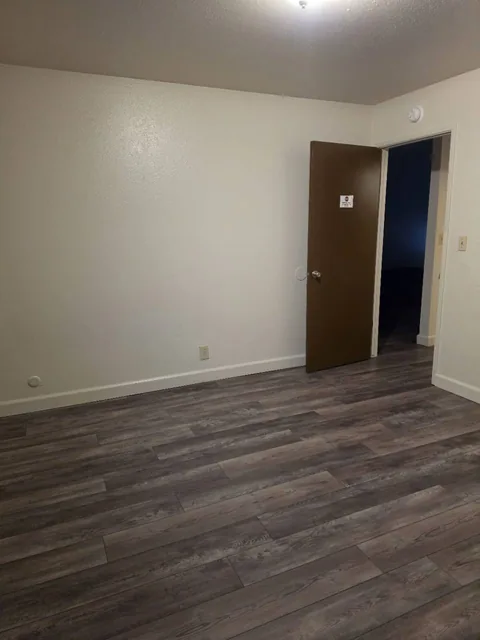 Opposite side of the unfurnished bedroom showing an open door to the hall and wood-look flooring.